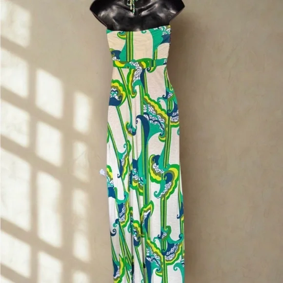 T-Bags Vibrant Green and Blue Patterned Maxi Dress | Size M - Picture 4 of 6